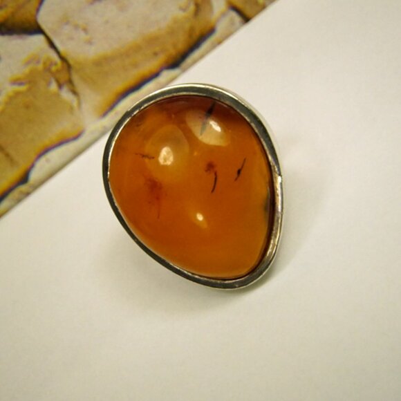 Giant Amber & 925 Silver Heavy Modernist Ring Size 9 - Rare To Find Gift - Picture 3 of 16